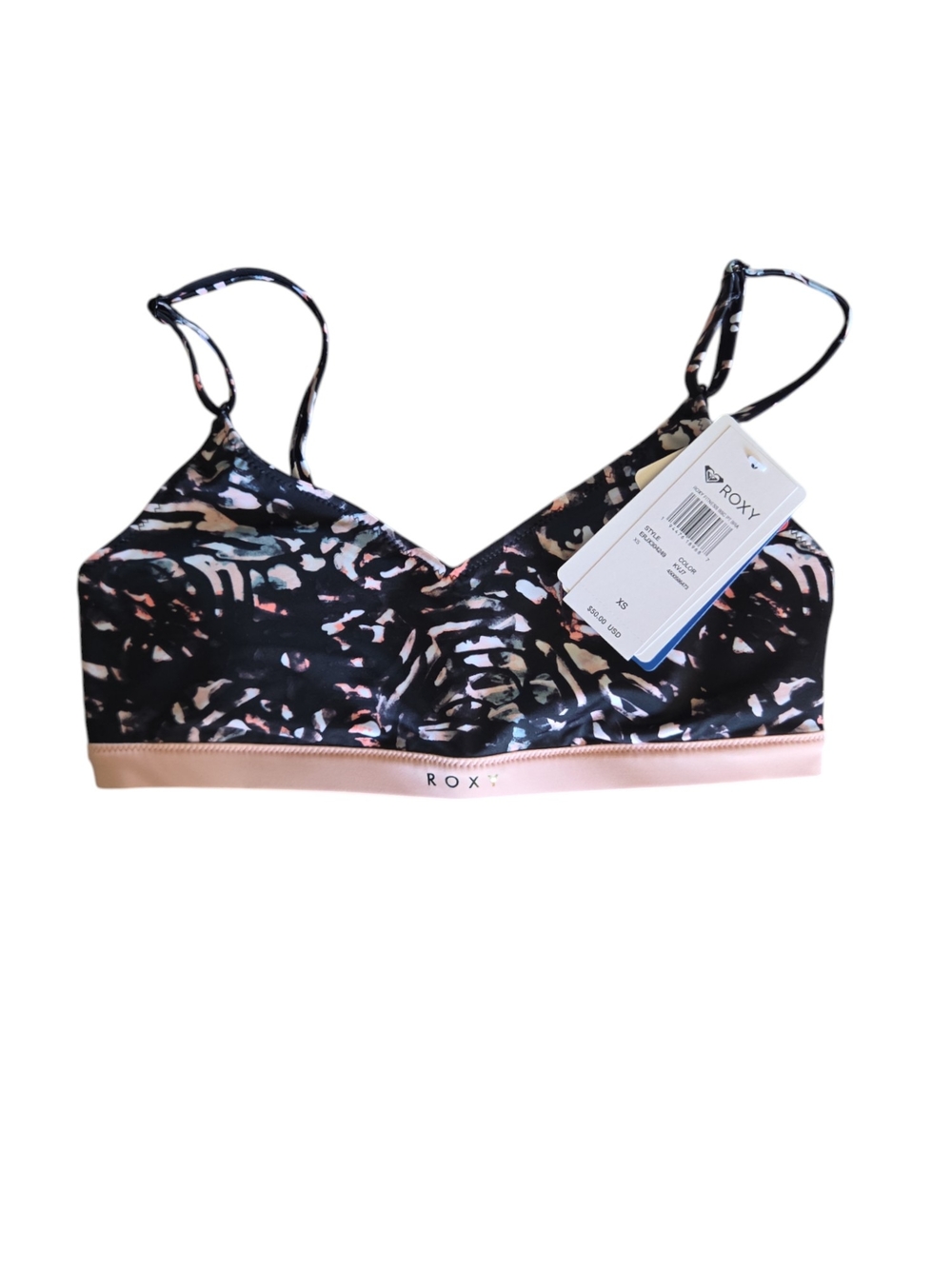 Roxy Fitness Black Abstract Print Bralette with Light Pink Band